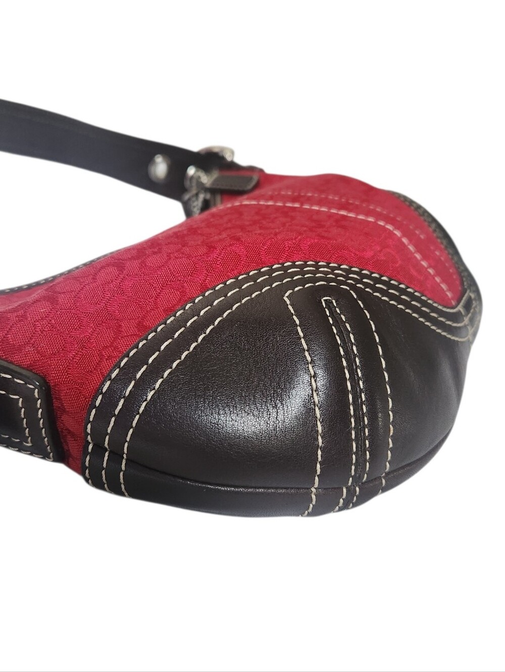 VGC COACH D062-2154 Signature Jacquard Shoulder Bag Red Y2K Brown Leather - Picture 5 of 12